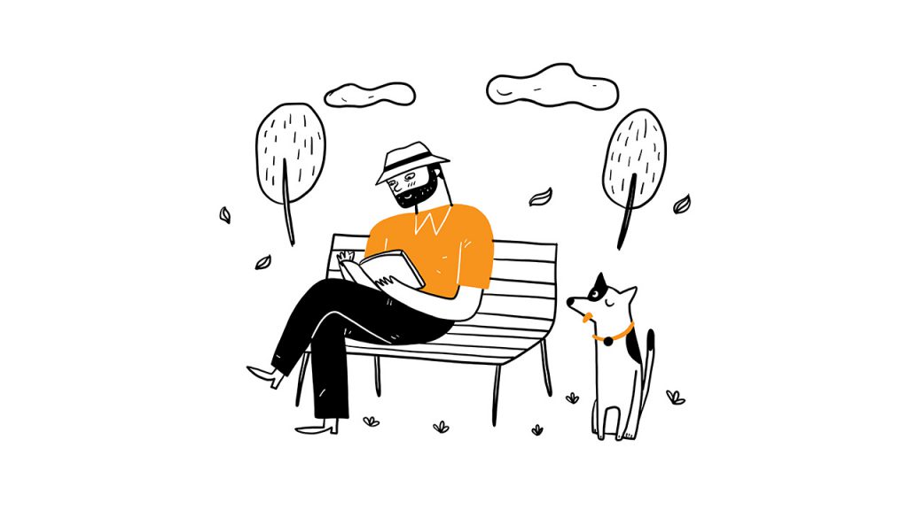 bir bankta köpeği ile birlikte tek başına oturan şapkalı ve sakallı adam illüstrasyonu